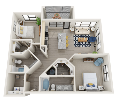 Floor plan for 2 beds, 2 baths, 1270 sqft